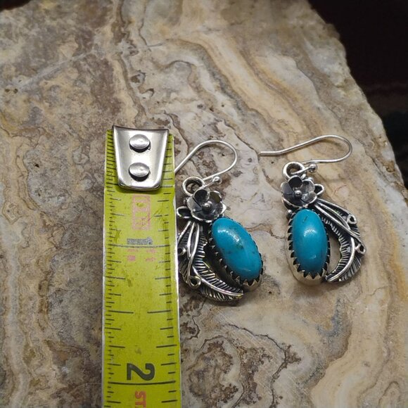 Southwest Sterling Silver Turquoise Dangle Earrings Flower Feather Handmade - Picture 3 of 5